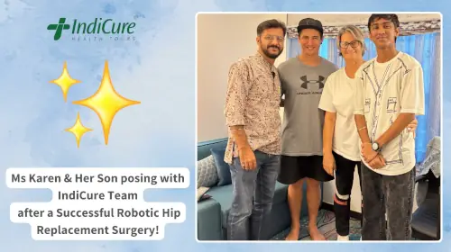 Our New Zealand patient guest, Ms Karen smiles as she poses with the IndiCure Health Tours team after her successful hip replacement surgery in India Our New Zealand patient guest, Ms Karen smiles as she poses with the IndiCure Health Tours team after her successful hip replacement surgery in India